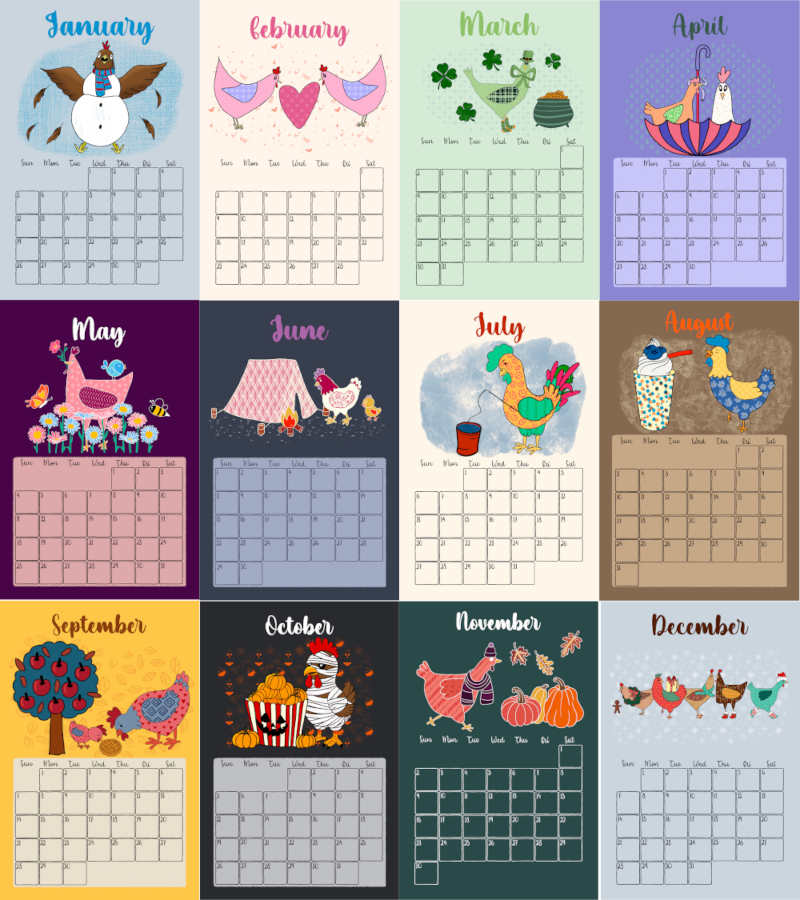 2025 Funky Chicken Illustrated Calendar | Cute Monthly Chicken Calendar | January-December 2025