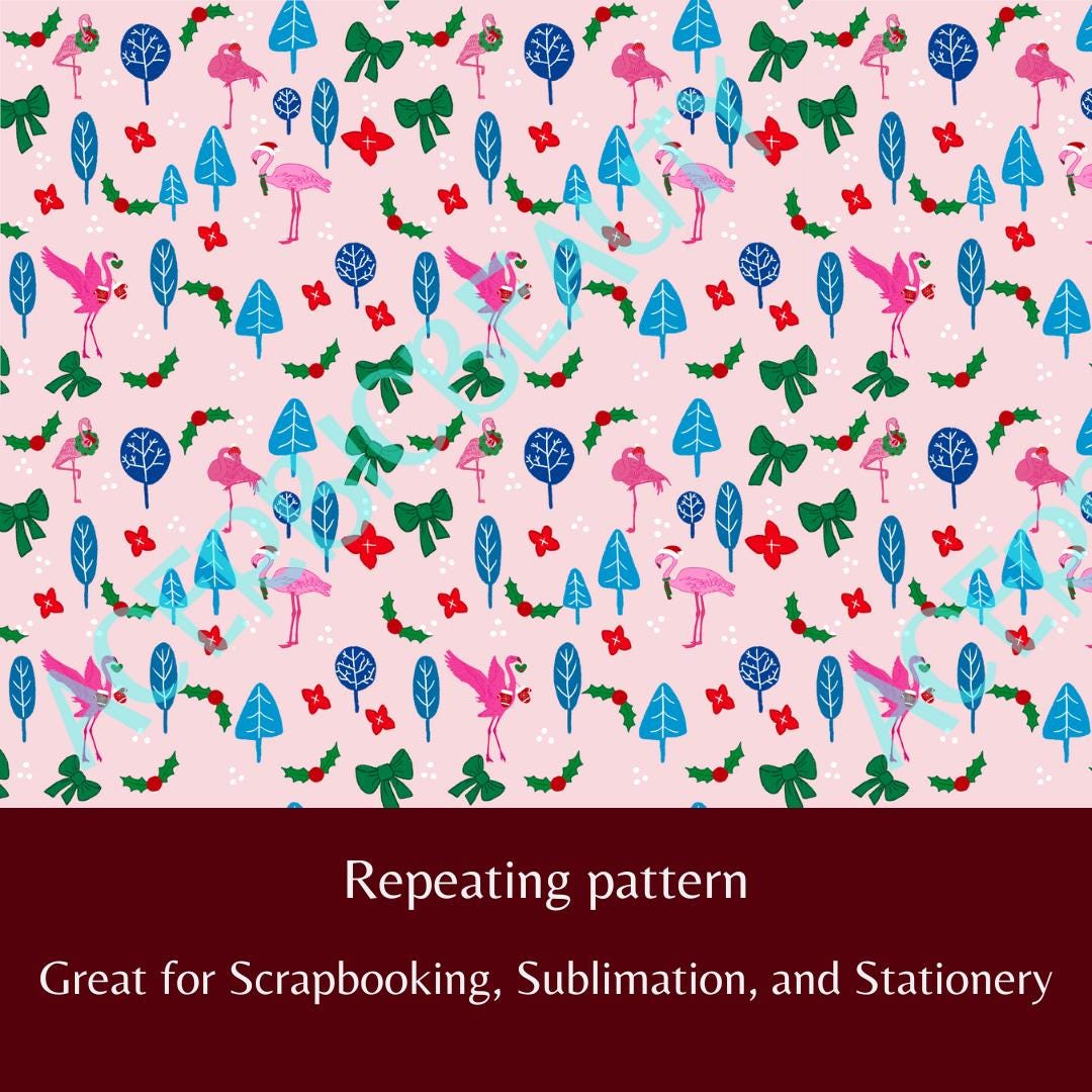 Christmas Flamingo Seamless Pattern, Pink Christmas, Festive Pattern for Scrapbook, Digital Download, Repeating Flamingo Pattern