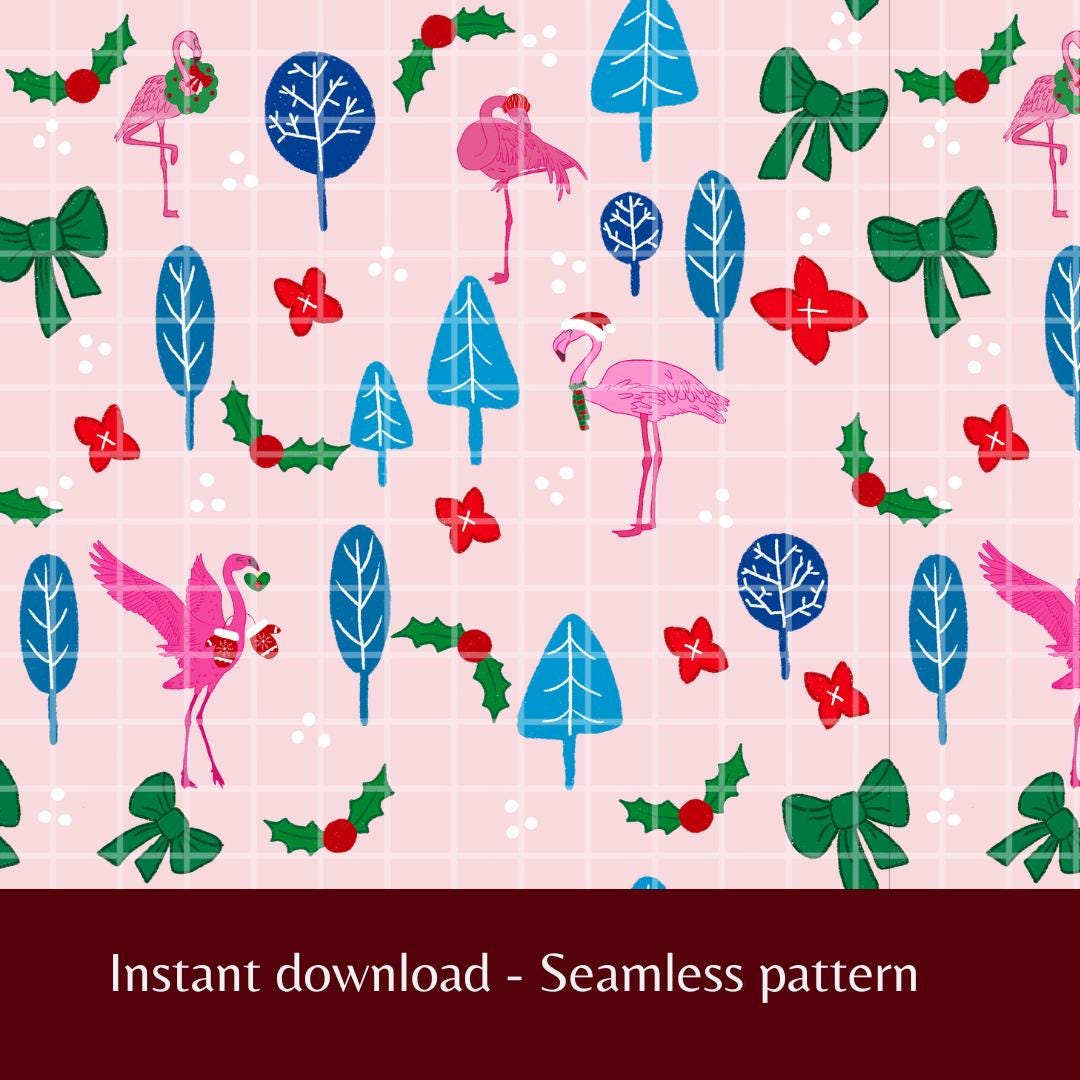 Christmas Flamingo Seamless Pattern, Pink Christmas, Festive Pattern for Scrapbook, Digital Download, Repeating Flamingo Pattern