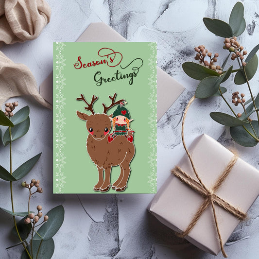 Christmas Greeting Card, Cute Holiday Reindeer and Elf Card, Holiday Notecard, Yule Card, Fun Season's Greetings Card, Blank Card & Envelope