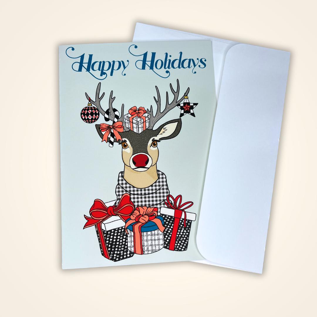 Christmas Greeting Card, Cute Holiday Reindeer Card, Holiday Notecard, Fun Yule Card, Reindeer Happy Holidays Card, Blank Card & Envelope