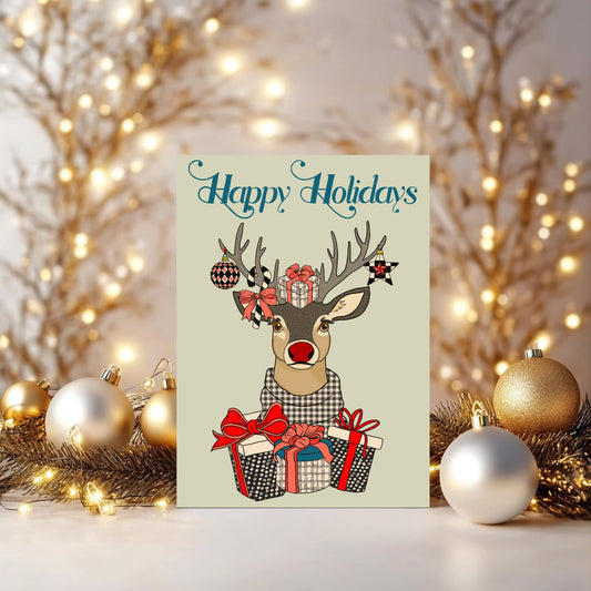 Christmas Greeting Card, Cute Holiday Reindeer Card, Holiday Notecard, Fun Yule Card, Reindeer Happy Holidays Card, Blank Card & Envelope