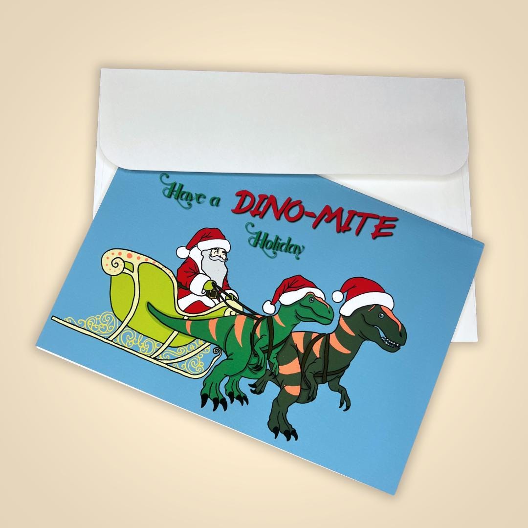 Christmas Greeting Card, Funny Holiday Santa Card, Holiday Notecard, Funny Dinosaur Santa Card, Dino-Mite Holiday, Blank Card & Envelope