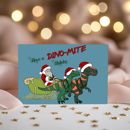 Christmas Greeting Card, Funny Holiday Santa Card, Holiday Notecard, Funny Dinosaur Santa Card, Dino-Mite Holiday, Blank Card & Envelope