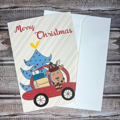 Christmas Greeting Card, Cute Holiday Reindeer Card, Holiday Notecard, Fun Yule Card, Reindeer Christmas Tree Card, Blank Card & Envelope