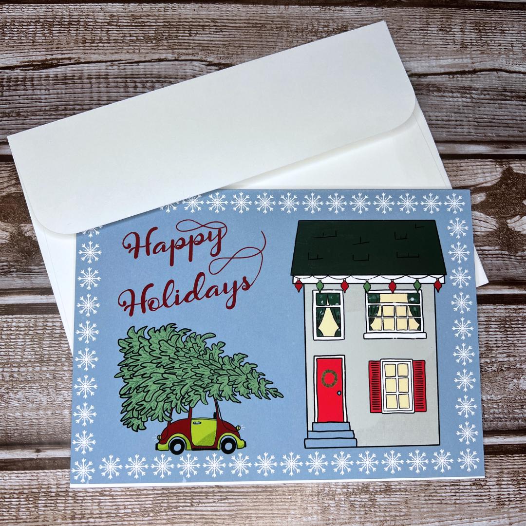 Christmas Greeting Card, Cute Holiday Card, Holiday Scene Notecard, Fun Yule Card, Christmas Tree Card, Happy Holidays Blank Card & Envelope