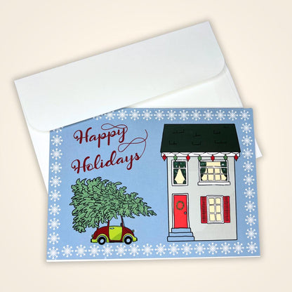 Christmas Greeting Card, Cute Holiday Card, Holiday Scene Notecard, Fun Yule Card, Christmas Tree Card, Happy Holidays Blank Card & Envelope