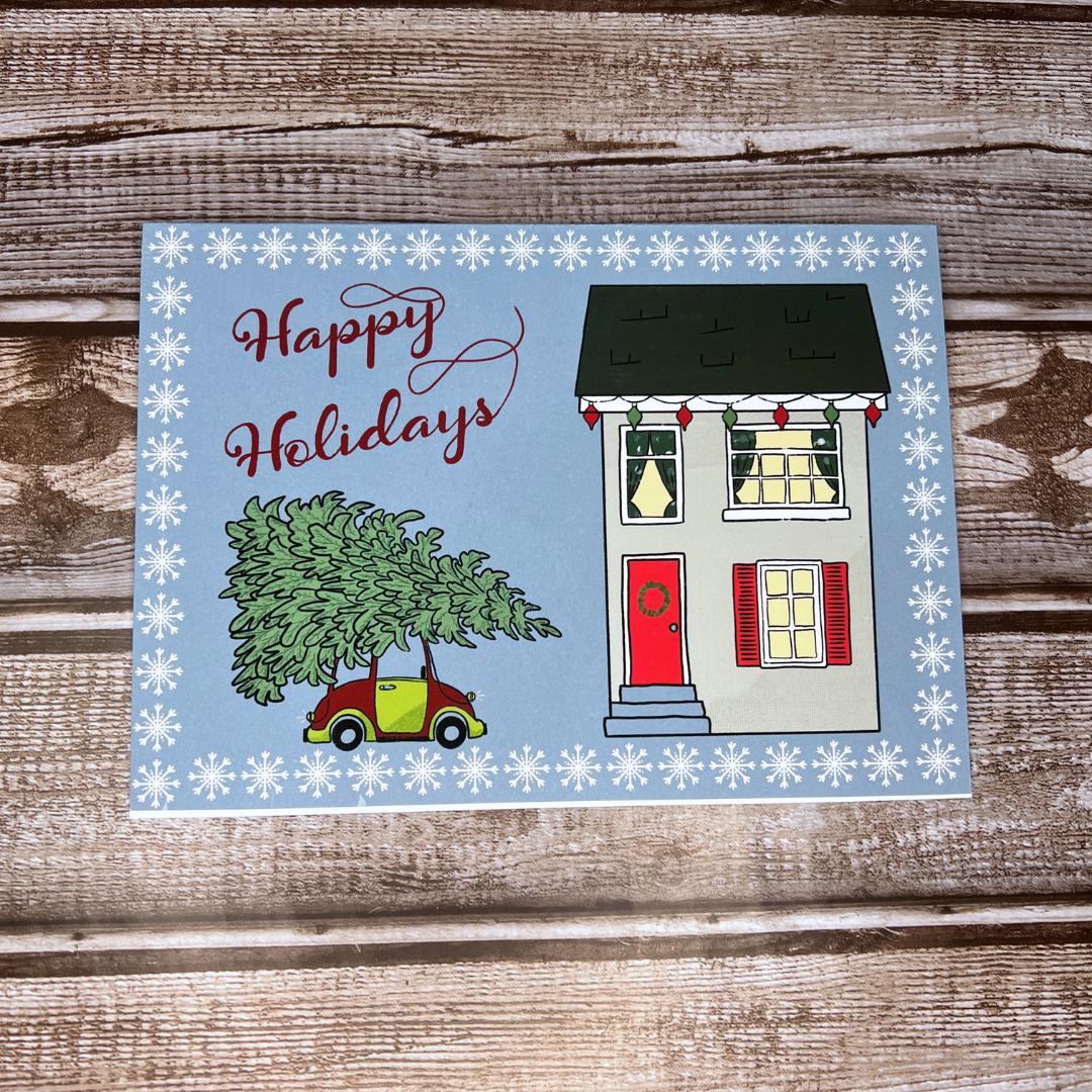 Christmas Greeting Card, Cute Holiday Card, Holiday Scene Notecard, Fun Yule Card, Christmas Tree Card, Happy Holidays Blank Card & Envelope