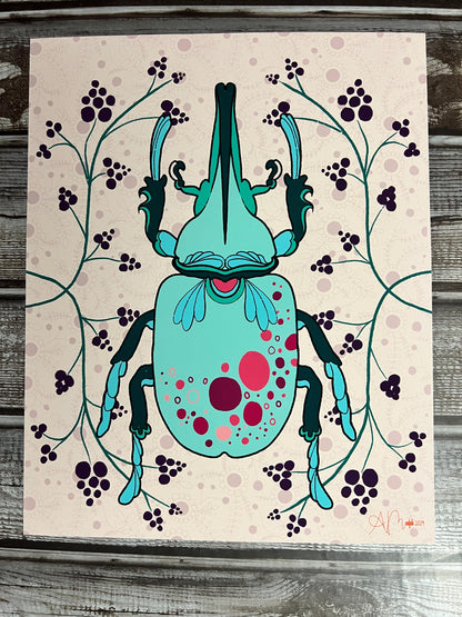 Beetle Art Print, 8x10 Hand-Drawn Teal Floral Beetle, Whimsical Insect Artwork, Nature Decor for Kids Room, Quirky Home or Office Art Print