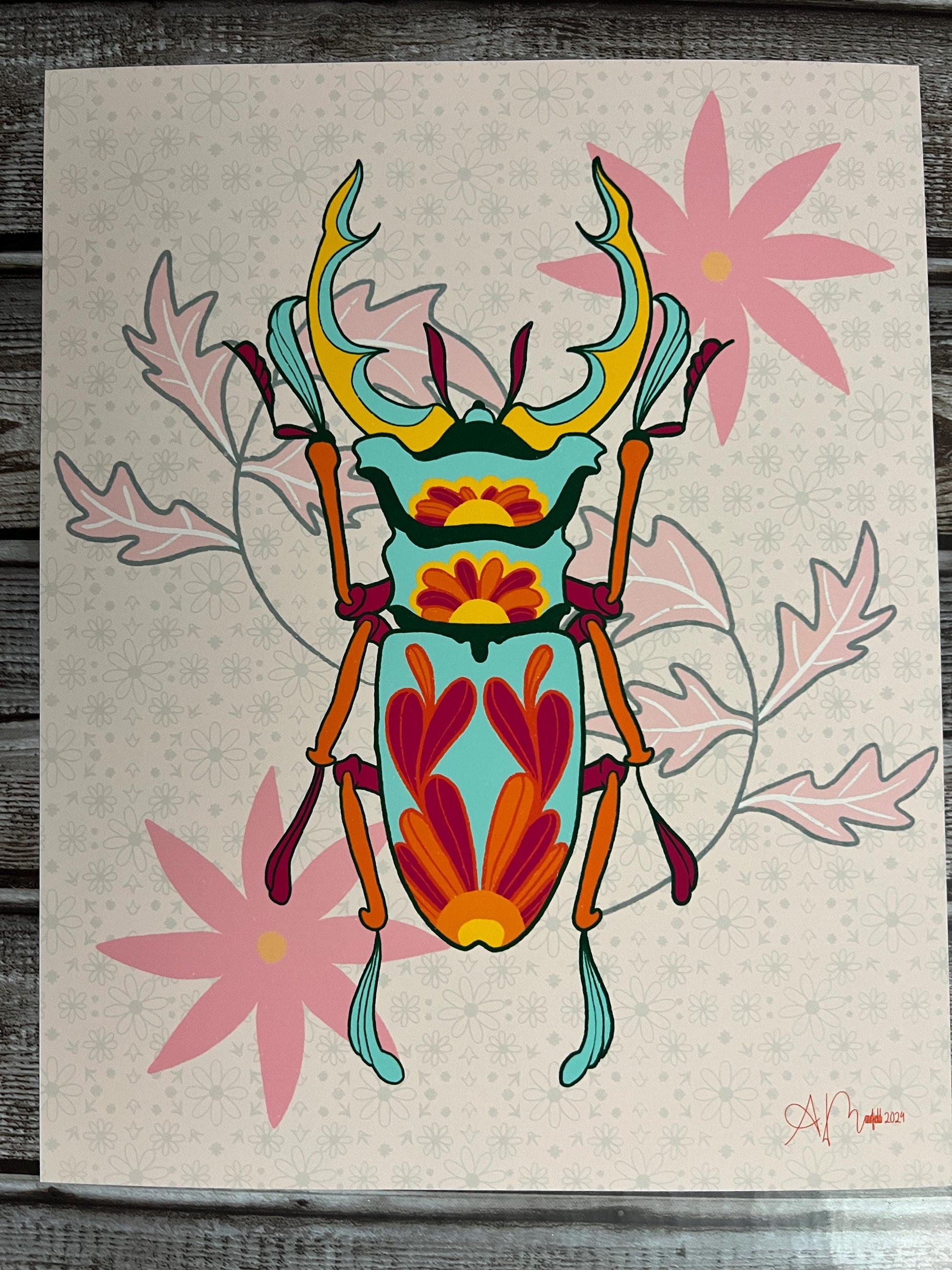 Beetle Art Print, 8x10 Hand-Drawn Teal/Orange Floral Beetle, Whimsical Insect Artwork, Bright Nature Decor, Quirky Home or Office Art Print