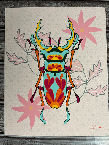 Beetle Art Print, 8x10 Hand-Drawn Teal/Orange Floral Beetle, Whimsical Insect Artwork, Bright Nature Decor, Quirky Home or Office Art Print