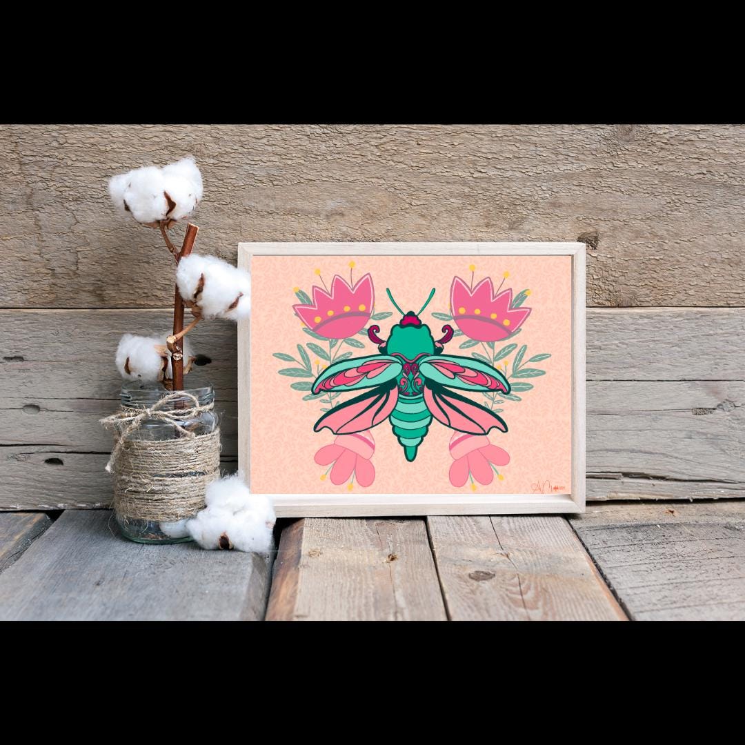 Beetle Art Print, 8x10 Hand-Drawn Flying Teal Beetle, Whimsical Insect Artwork, Bright Nature Decor, Quirky Home or Office Art Print