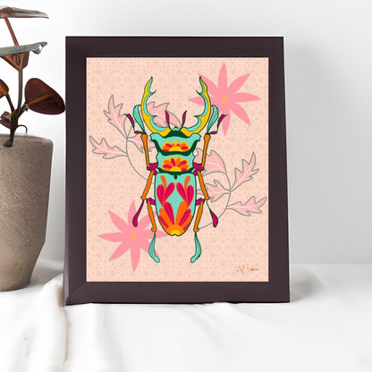 Beetle Art Print, 8x10 Hand-Drawn Teal/Orange Floral Beetle, Whimsical Insect Artwork, Bright Nature Decor, Quirky Home or Office Art Print