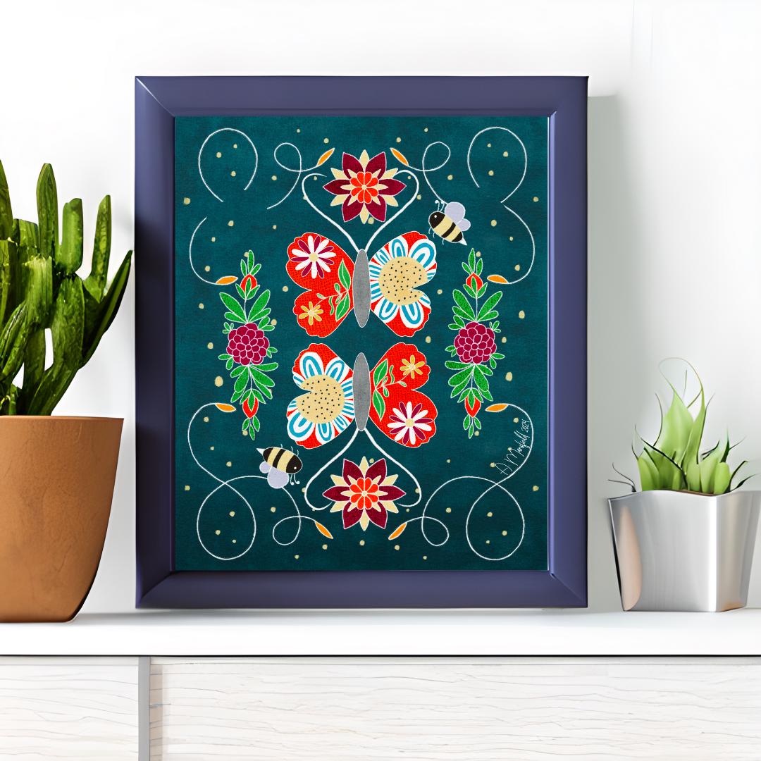 Floral Folk Art Print - Folk Butterflies Print - Hand Drawn Butterfly Wall Art - Vivid Butterfly Floral Print 8x10, Art for Office or Home