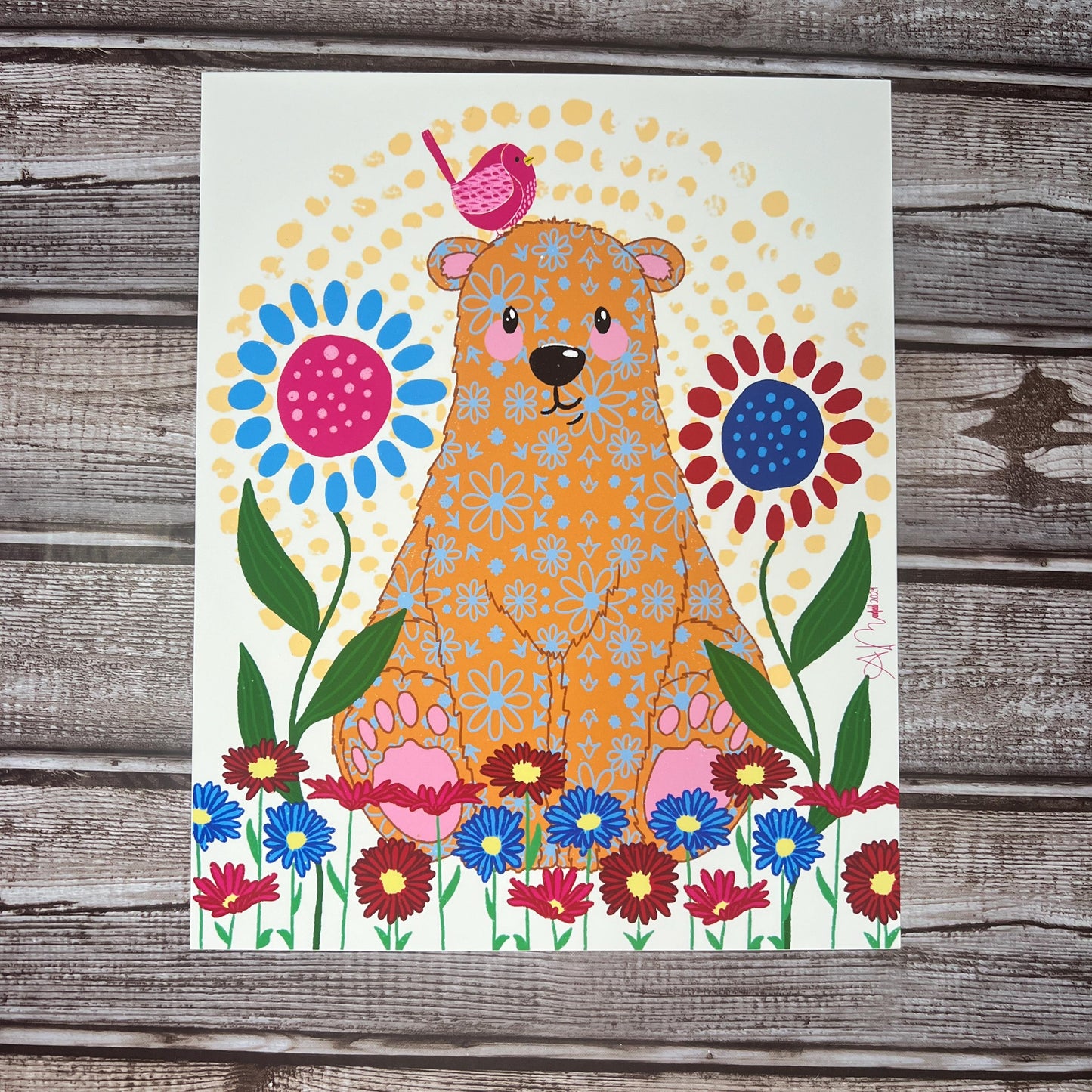 Whiimsical Bear Art Print - Cute Bear Floral Print - Hand Drawn Bear Wall Art - Vivid Bear Floral Print 8x10, Art for Kids' Room or Home