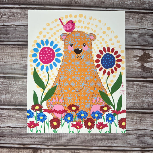 Whiimsical Bear Art Print - Cute Bear Floral Print - Hand Drawn Bear Wall Art - Vivid Bear Floral Print 8x10, Art for Kids' Room or Home