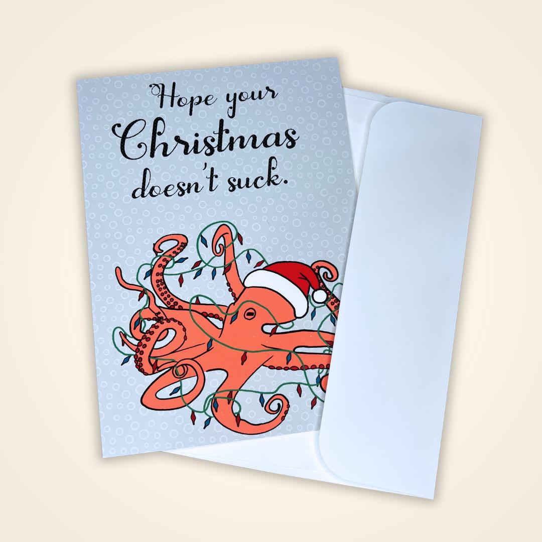 Christmas Greeting Card, Funny Holiday Octopus Card, Holiday Notecard, Yule Card, Silly Christmas Card, Blank Card & Envelope