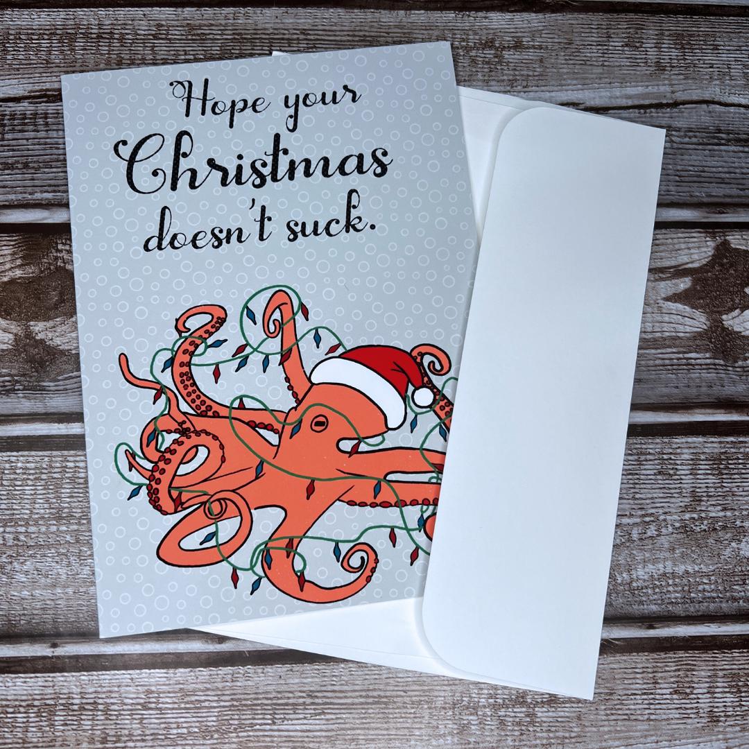 Christmas Greeting Card, Funny Holiday Octopus Card, Holiday Notecard, Yule Card, Silly Christmas Card, Blank Card & Envelope