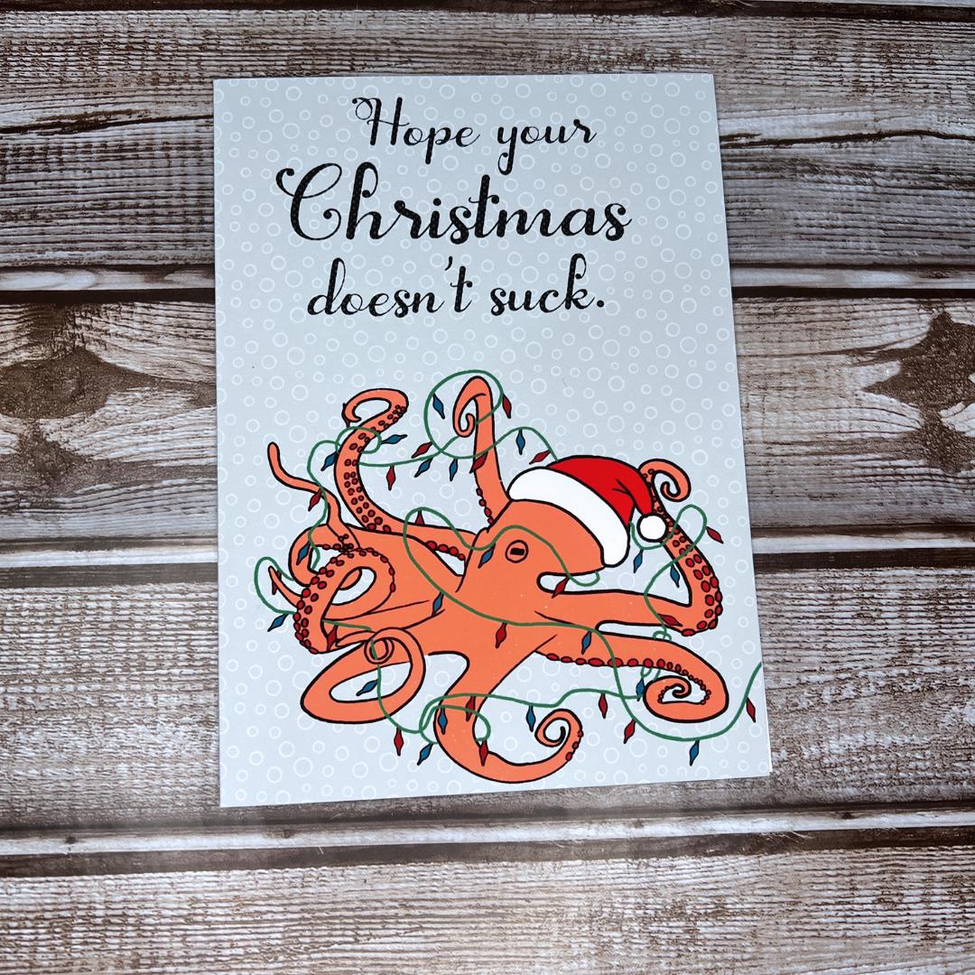 Christmas Greeting Card, Funny Holiday Octopus Card, Holiday Notecard, Yule Card, Silly Christmas Card, Blank Card & Envelope