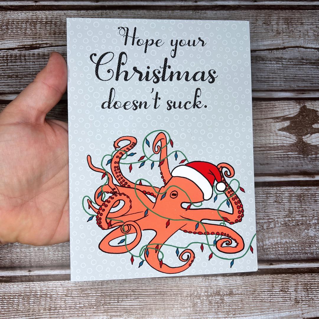 Christmas Greeting Card, Funny Holiday Octopus Card, Holiday Notecard, Yule Card, Silly Christmas Card, Blank Card & Envelope