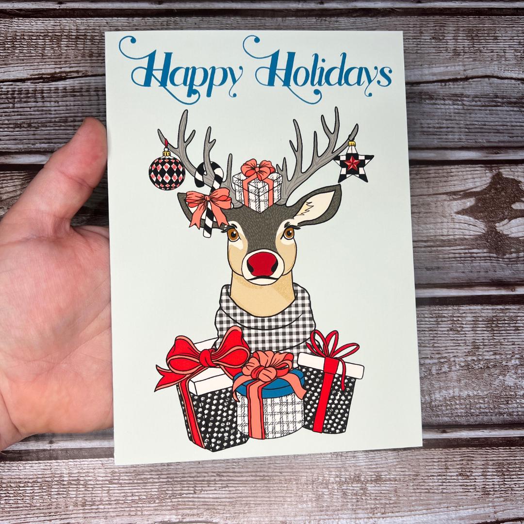 Christmas Greeting Card, Cute Holiday Reindeer Card, Holiday Notecard, Fun Yule Card, Reindeer Happy Holidays Card, Blank Card & Envelope