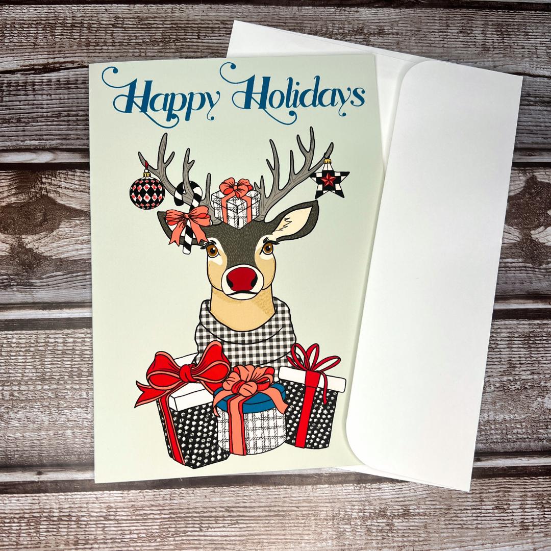 Christmas Greeting Card, Cute Holiday Reindeer Card, Holiday Notecard, Fun Yule Card, Reindeer Happy Holidays Card, Blank Card & Envelope