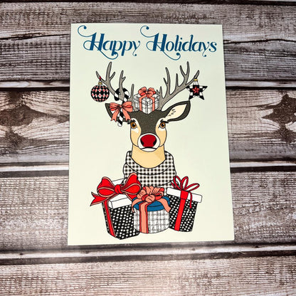 Christmas Greeting Card, Cute Holiday Reindeer Card, Holiday Notecard, Fun Yule Card, Reindeer Happy Holidays Card, Blank Card & Envelope