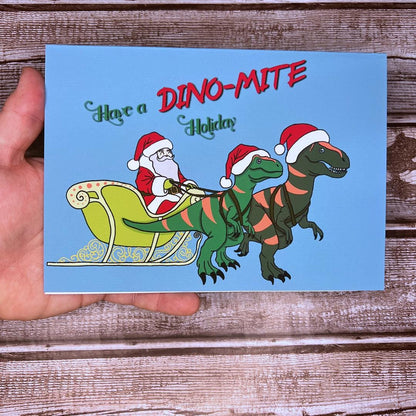 Christmas Greeting Card, Funny Holiday Santa Card, Holiday Notecard, Funny Dinosaur Santa Card, Dino-Mite Holiday, Blank Card & Envelope