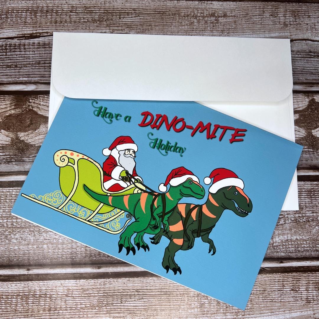 Christmas Greeting Card, Funny Holiday Santa Card, Holiday Notecard, Funny Dinosaur Santa Card, Dino-Mite Holiday, Blank Card & Envelope