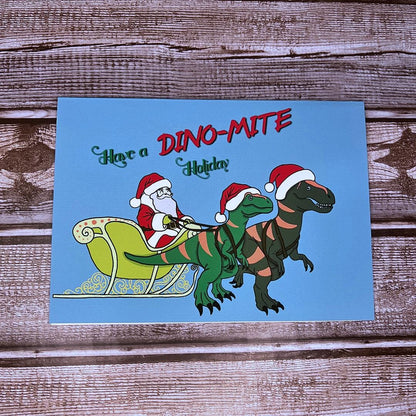 Christmas Greeting Card, Funny Holiday Santa Card, Holiday Notecard, Funny Dinosaur Santa Card, Dino-Mite Holiday, Blank Card & Envelope