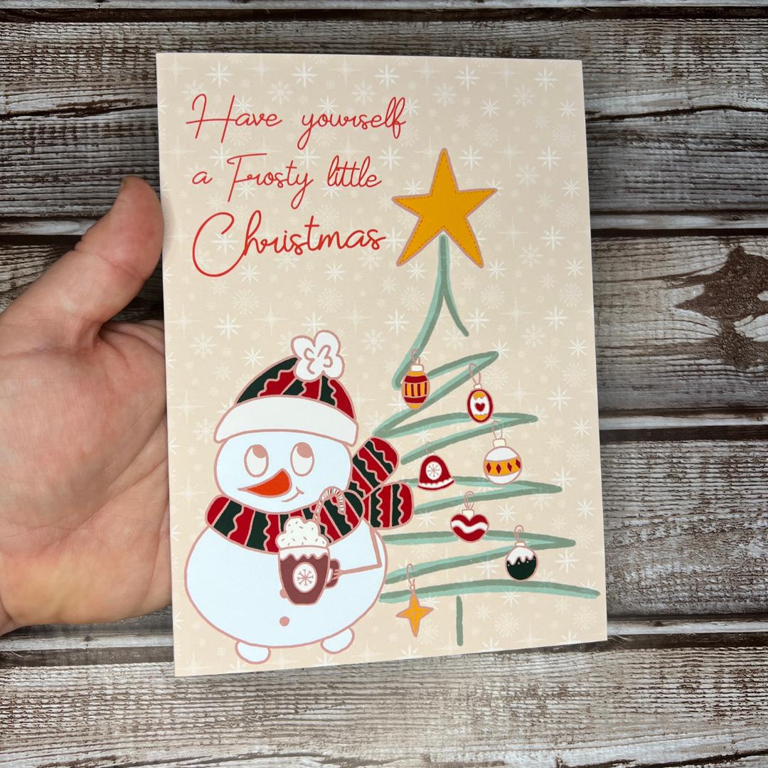 Christmas Greeting Card, Cute Holiday Snowman Card, Holiday Notecard, Fun Yule Card, Frosty Happy Holidays Card, Blank Card & Envelope