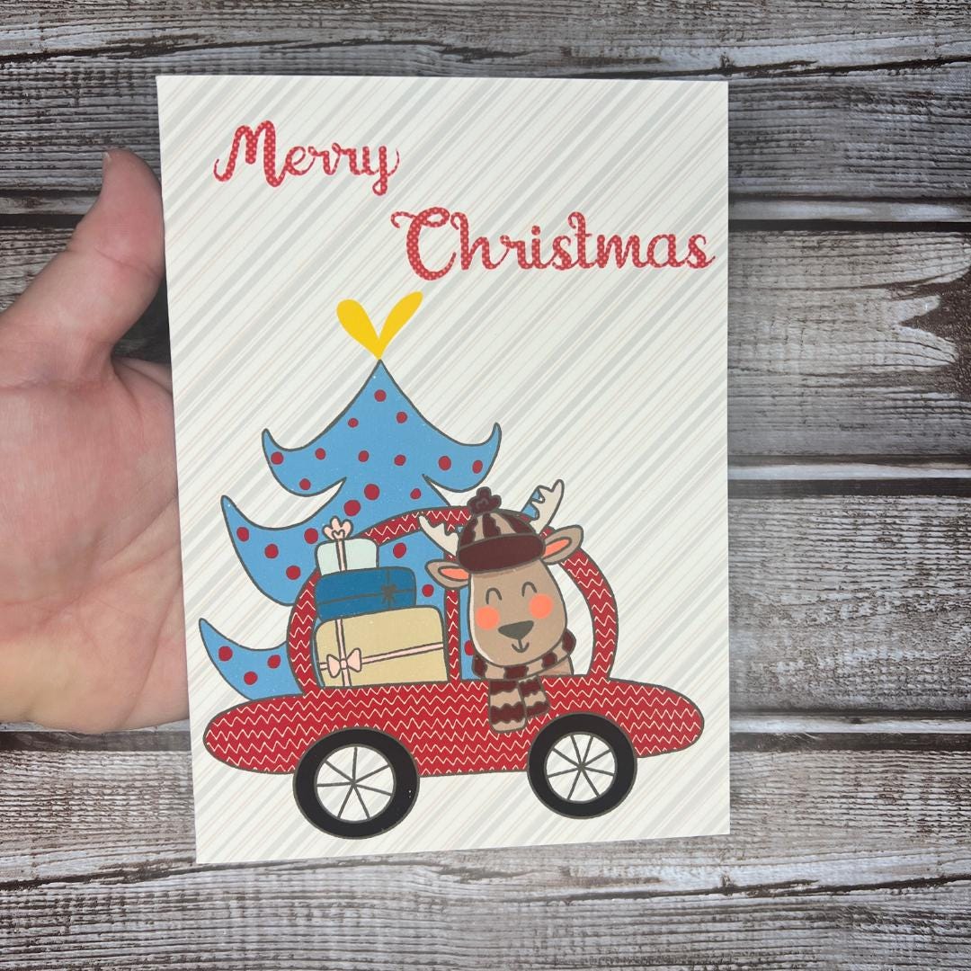 Christmas Greeting Card, Cute Holiday Reindeer Card, Holiday Notecard, Fun Yule Card, Reindeer Christmas Tree Card, Blank Card & Envelope