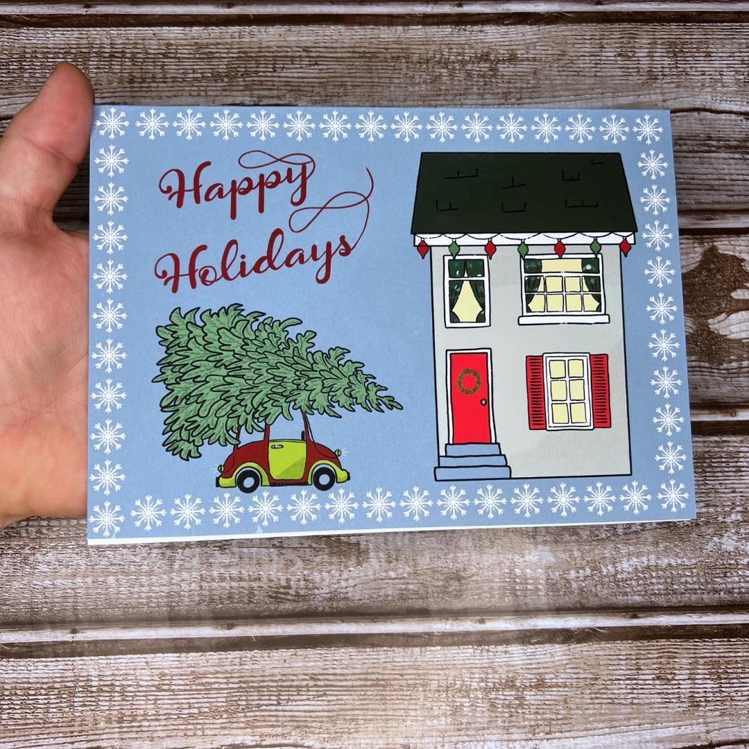 Christmas Greeting Card, Cute Holiday Card, Holiday Scene Notecard, Fun Yule Card, Christmas Tree Card, Happy Holidays Blank Card & Envelope