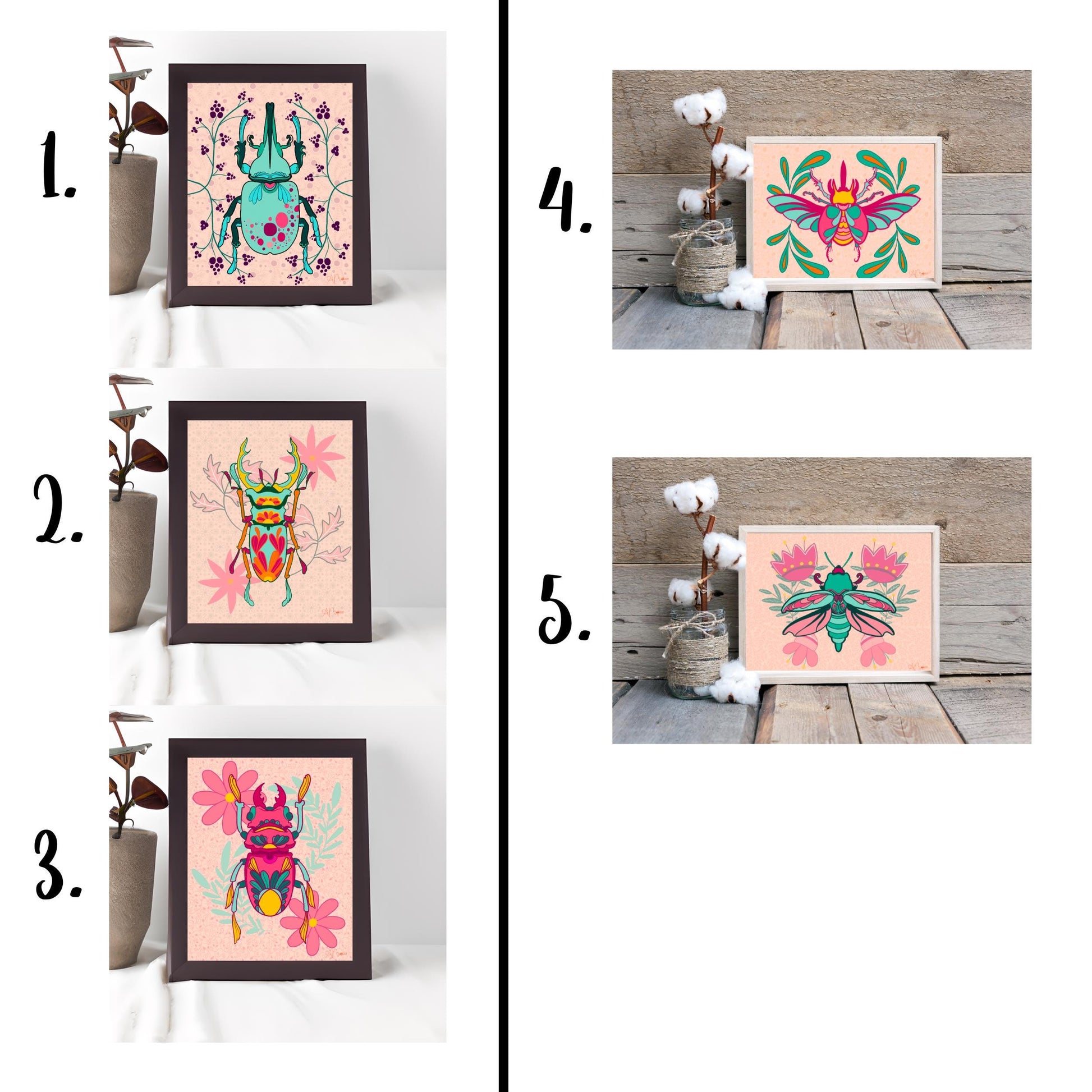 Bugging Out | Beetle Art Series | 5 Beetle Artworks | Vivid Beetle Art | Bug Lover Art Bundle | Whimsical Nature Art | 8x10 Art Prints