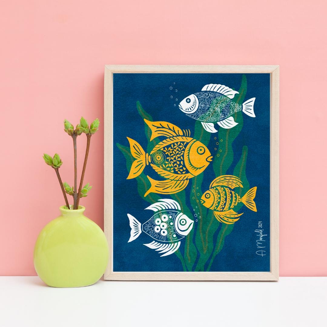 Abstract Fish Art Print | Fish and Tranquility | Hand Drawn Fish Artwork | Bold Art for Home or Office | 8x10 Fish Art Print