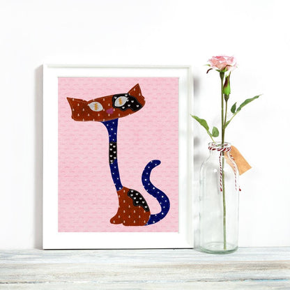 Abstract Cat Art Print | Stitched Style Cat Art | Fun Art for Cat Lovers | Whimsical Cat Art Print | 8x10 Cat Art | Art for Home or Office