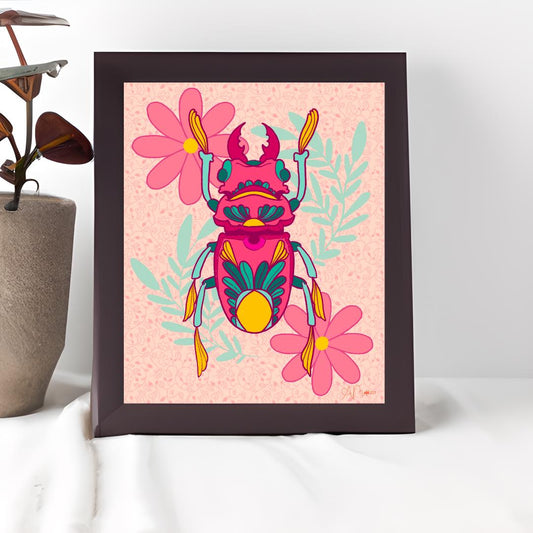 Beetle Art Print, 8x10 Hand-Drawn Pink Floral Beetle, Whimsical Insect Artwork, Bright Nature Decor, Quirky Home or Office Art Print