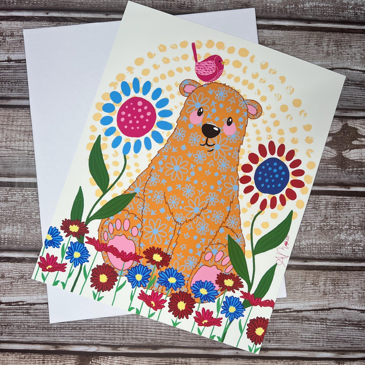 Whiimsical Bear Art Print - Cute Bear Floral Print - Hand Drawn Bear Wall Art - Vivid Bear Floral Print 8x10, Art for Kids' Room or Home