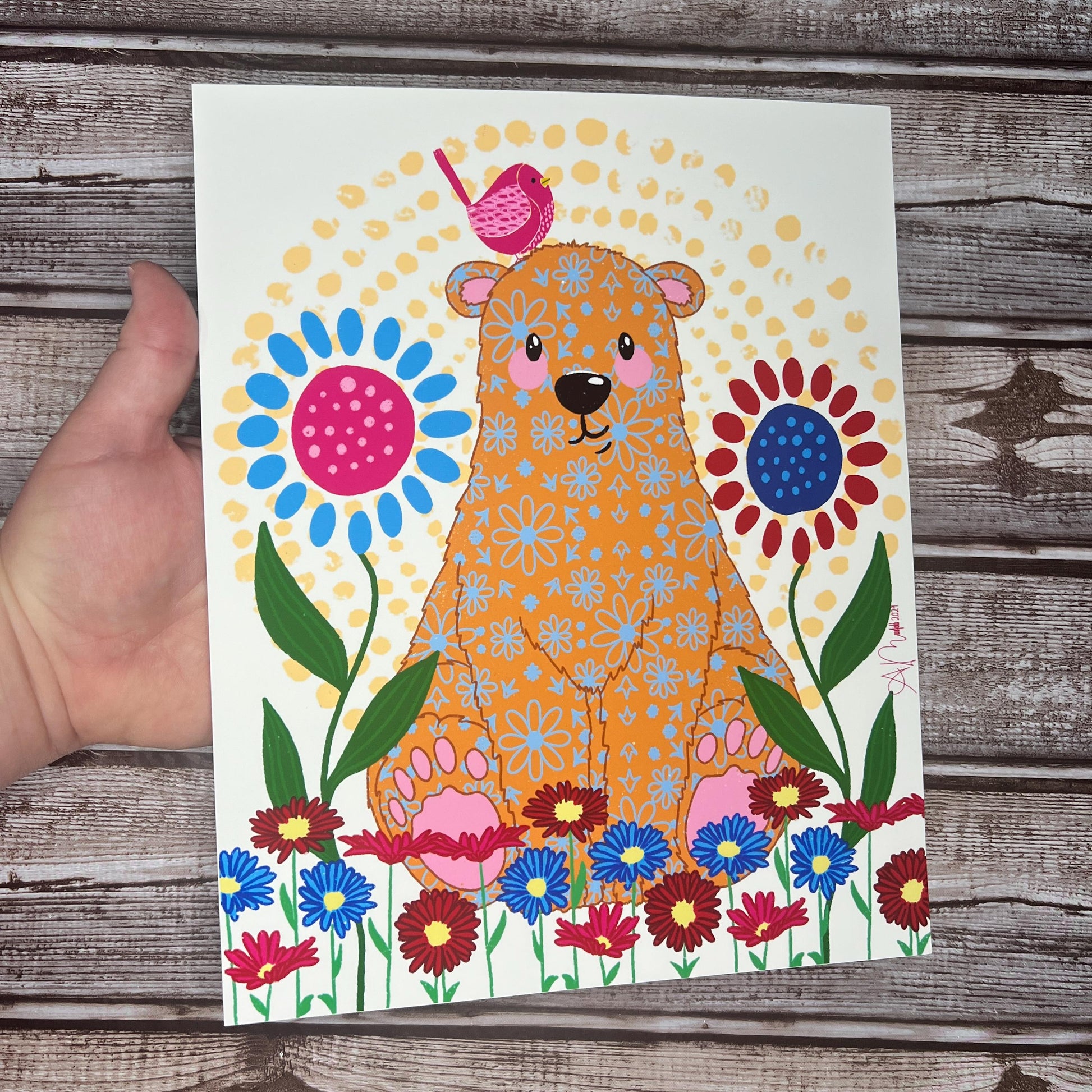 Whiimsical Bear Art Print - Cute Bear Floral Print - Hand Drawn Bear Wall Art - Vivid Bear Floral Print 8x10, Art for Kids' Room or Home