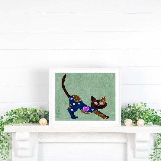 Abstract Cat Art Print | 8x10 Art Print | Stretching Cat Art | Hand Drawn Home or Office Art | Whimsical Cat Portrait | Gift for Cat Lover