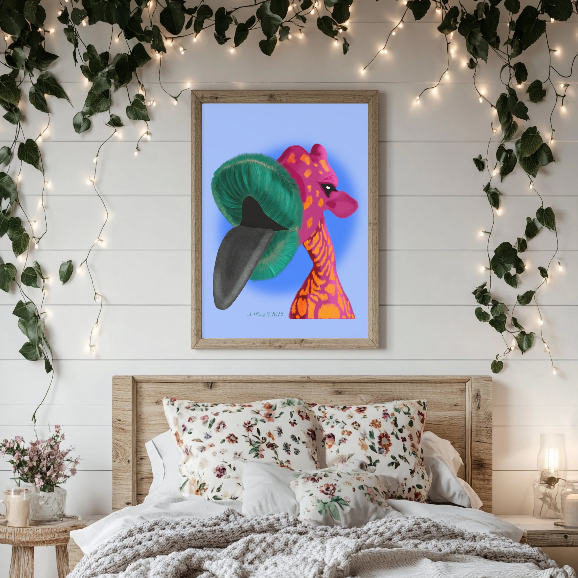 Funny giraffe artwork featuring a pink and orange giraffe with his tongue sticking out