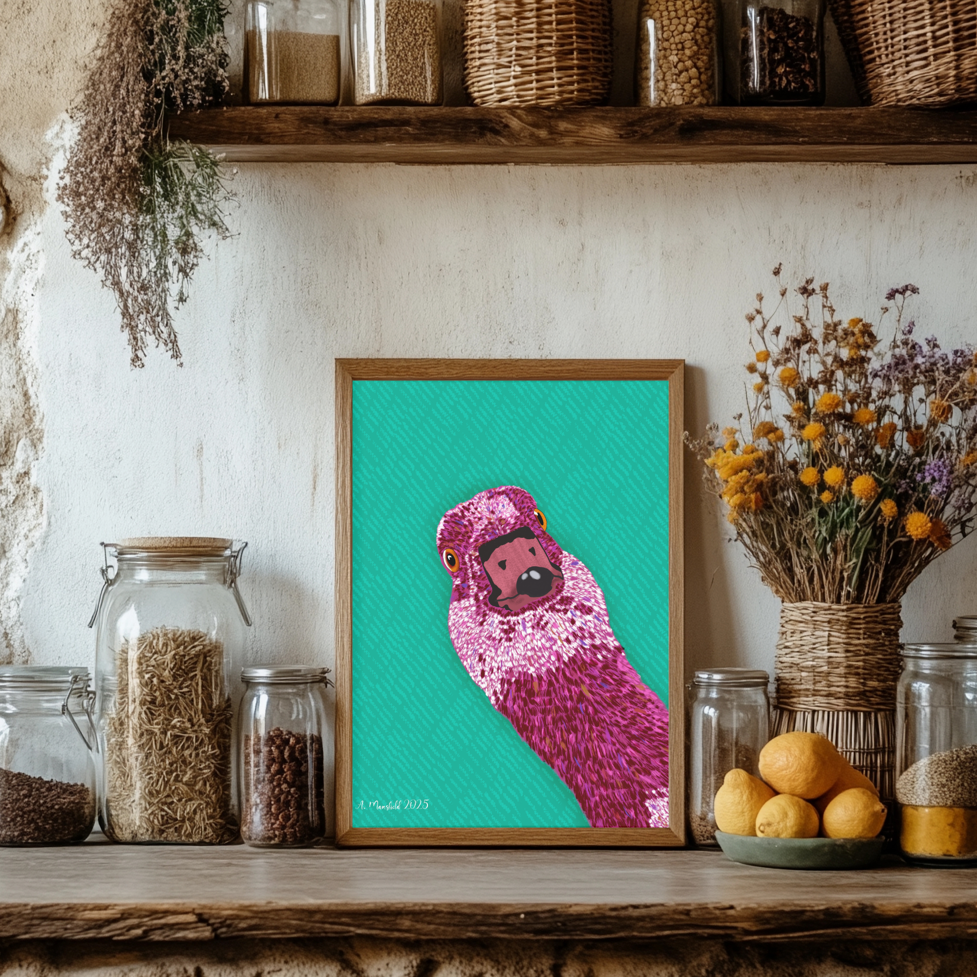 Funny goose digital painting, colorful goose in shades of pink on a green background