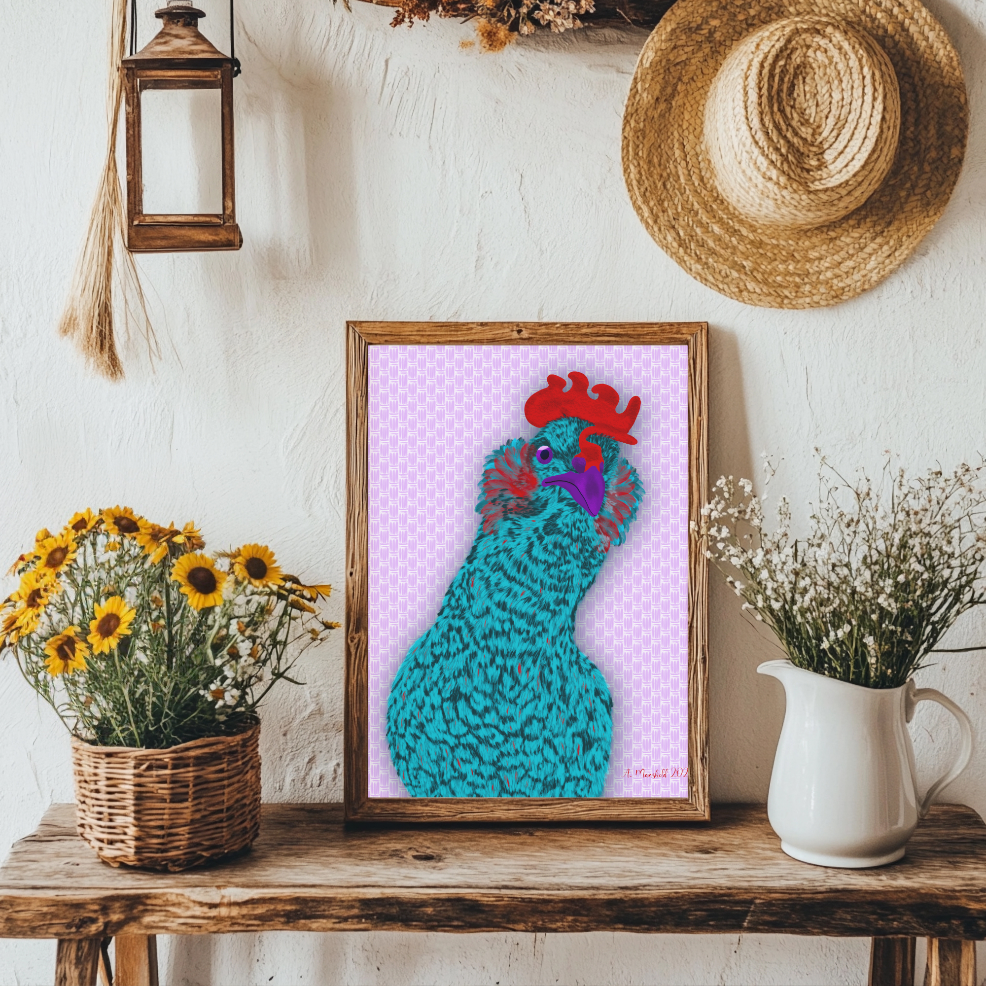 Funny grumpy chicken artwork in teal and red with a lavender background.