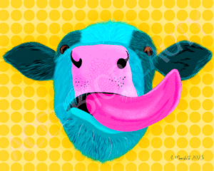 Colorful animal art of a sassy cow with her tongue sticking out.
